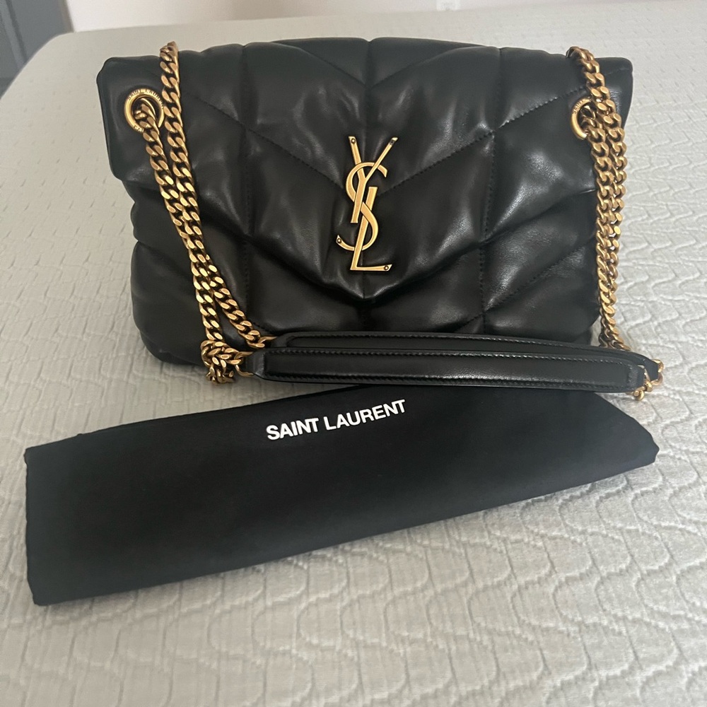 Saint Lauren lou puffer Black Quilted Shoulder Bag with Gold Accents